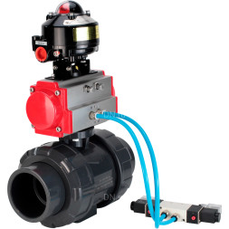 Кран шаровой BV4242E-FP-GRM-ISO Дн15 Ру10 полнопроходной, корпус - НПВХ, шар - НПВХ, уплотнение - EPDM, с пневмоприводом PA-DA-052, пневмораспределителем 4V320-08 AC220V и БКВ APL-510N EX