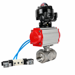 Кран шаровой BV3232P(4pc)-SP-3WL-T-ISO-H WDVF Ду40 Ру63 стандартнопроходной, 3-ходовой L-тип, внутренняя резьба, нержавеющая сталь AISI 316, PTFE, с пневмоприводом PA-SA-130, пневмораспределителем 4V320-08 AC220V и БКВ APL-510N EX