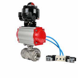 Кран шаровой BV3232P(4pc)-SP-3WL-T-ISO-H WDVF Ду40 Ру63 стандартнопроходной, 3-ходовой L-тип, внутренняя резьба, нержавеющая сталь AISI 316, PTFE, с пневмоприводом PA-SA-130, пневмораспределителем 4V320-08 AC220V и БКВ APL-510N EX