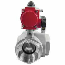 Кран шаровой BV3232P(4pc)-SP-3WL-T-ISO-H Ду50 Ру63 стандартнопроходной L-тип, трехходовой, нержавеющая сталь SS316, внутренняя резьба, уплотнение - PTFE, с пн.приводом PA-SA-083 c пн.распределителем 4M310-08 AC220V