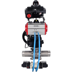 Кран шаровой BV3232P(3pc)-FP-W-ISO-H LONG Ду15 Ру63, полнопроходной, нержавеющая сталь 316, уплотнение - PTFE, под приварку, с пневмоприводом PA-DA-052, с пневмораспределителем 4V320-08 AC220V, БКВ APL-410N Ex, ручным дублером MON1-250-T26-ISO