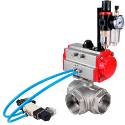 Кран шаровой BV3232P(4pc)-SP-3WL-T-ISO-H Ду25 Ру63, стандартнопроходной, четырехсоставной, корпус - нержавеющая сталь 316, уплотнение - PTFE, внутренняя резьба, с пневмоприводом PA-DA-052, пневмораспределителем 4V320-08 AC220V, БПВ AFC2000