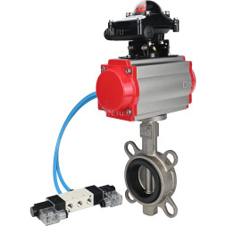 Затвор дисковый поворотный WBV3131N-2W-Fb-H Ду125 Ру16, корпус - нержавеющая сталь 304, диск - нержавеющая сталь 304, уплотнение - NBR, с пневмоприводом PA-DA-105, пневмораспределителем 4V320-08 AC220V и БКВ APL-210N