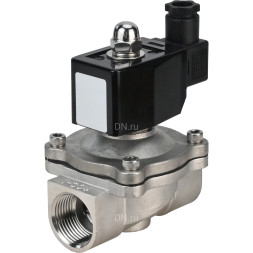 Клапан электромагнитный VS331-NT-NO-220VAC 1 1/4″ Ду32 Ру10, соленоидный двухходовой, корпус - нержавеющая сталь 304, уплотнение - NBR, резьбовой, нормально-открытый, прямого действия, катушка - 220В