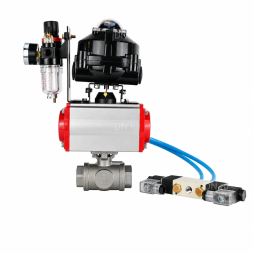 Кран шаровой BV3232P(4pc)-SP-3WT-T-ISO-H WDVF Ду25 Ру63 стандартнопроходной, 3-ходовой Т-тип, внутренняя резьба, нержавеющая сталь AISI 316, PTFE, с пневмоприводом PA-DA-065, пневмораспределителем 4V320-10 AC220V, БКВ APL-510N EX и БПВ AFC2000
