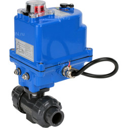 Кран шаровой BV4242E-FP-GRM-ISO Дн15 Ру10 полнопроходной, клеевой с разборным муфтовым соединением, корпус - НПВХ, шар - НПВХ, уплотнение - EPDM, с электроприводом QT-N-003EM-O1-24VDC-У1 blue