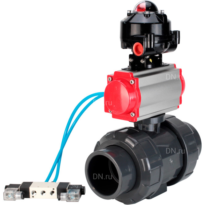 Кран шаровой BV4242E-FP-GRM-ISO Дн40 Ру10 полнопроходной, корпус - НПВХ, шар - НПВХ, уплотнение - EPDM, с пневмоприводом PA-DA-052, пневмораспределителем 4V320-08 AC220V и БКВ APL-510N EX в Барнауле