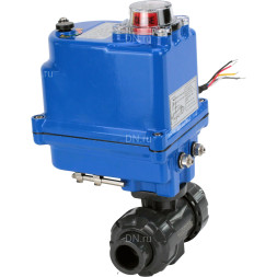 Кран шаровой BV4242E-FP-GRM-ISO Дн25 Ру10 полнопроходной, клеевой с разборным муфтовым соединением, корпус - НПВХ, шар - НПВХ, уплотнение - EPDM, с электроприводом QT-N-003EM-O1-24VDC-У1 blue