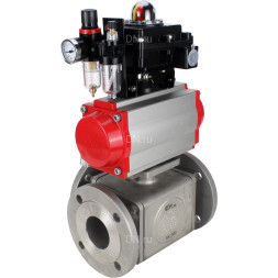 Кран шаровой BV3232P(4pc)-FP-3WL-F Ду40 Ру16 полнопроходной трехходовой, фланцевый, корпус - нержавеющая сталь SS316, с пневмоприводом PA-SA-105 с возвратными пружинами, пневмораспределителем 4M310-08 DC24V, БКВ APL-410N EX и БПВ AFC2000