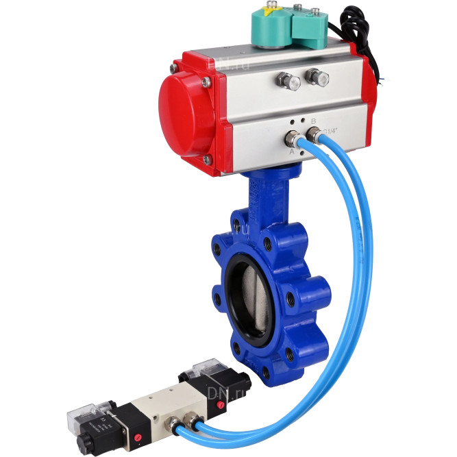 Затвор дисковый поворотный WBV1616E-2W-Fb-H Ду150 Ру16 LUG корпус - чугун QT450, диск - чугун QT450, уплотнение - EPDM, с пневмоприводом PA-DA-105, пневмораспределителем 4V320-08 AC220V и магнитным переключателем ALS200D в Барнауле