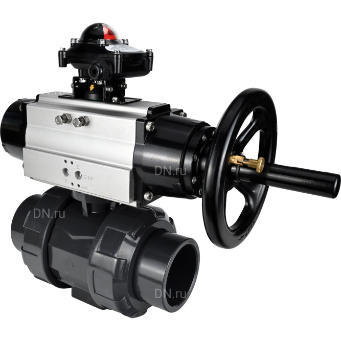 Кран шаровой BV4242E-FP-GRM-ISO Дн65 Ру10 полнопроходной, корпус - НПВХ, шар - НПВХ, уплотнение - EPDM, с пневмоприводом PA-DA-105-1 и БКВ APL-210N в Барнауле