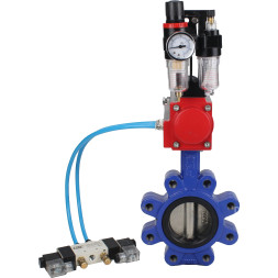 Затвор дисковый поворотный WBV1616E-2W-Fb-H Ду125 Ру16 LUG корпус - чугун QT450, диск - чугун QT450, уплотнение - EPDM, с пневмоприводом PA-DA-105, пневмораспределителем 4V320-08 AC220V и БПВ AFC2000