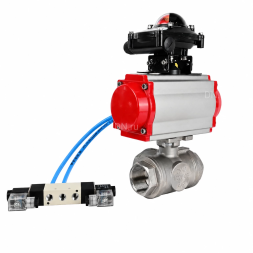 Кран шаровой BV3232P(4pc)-SP-3WL-T-ISO-H WDVF Ду65 Ру40 стандартнопроходной, 3-ходовой L-тип, внутренняя резьба, нержавеющая сталь AISI 316, PTFE, с пневмоприводом PA-SA-140, пневмораспределителем 4V320-08 AC220V и БКВ APL-210N