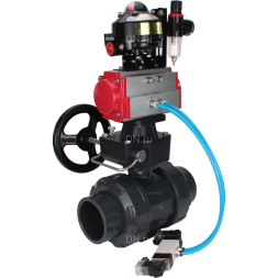 Кран шаровой BV4242E-FP-GRM-ISO Дн65 Ру10 полнопроходной, корпус - НПВХ, шар - НПВХ, уплотнение - EPDM, с пневмоприводом PA-DA-065, пневмораспределителем 4V320-08 AC220V, ручным дублером MON1-250-T26-ISO, БКВ APL-510N EX и БПВ AFC2000