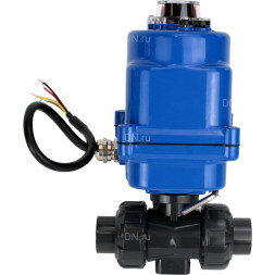Кран шаровой BV4242E-FP-GRM-ISO Дн40 Ру10 полнопроходной, клеевой с разборным муфтовым соединением, корпус - НПВХ, шар - НПВХ, уплотнение - EPDM, с электроприводом QT-N-003EM-O1-24VDC-У1 blue