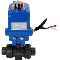 Кран шаровой BV4242E-FP-GRM-ISO Дн40 Ру10 полнопроходной, клеевой с разборным муфтовым соединением, корпус - НПВХ, шар - НПВХ, уплотнение - EPDM, с электроприводом QT-N-003EM-O1-24VDC-У1 blue