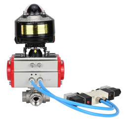 Кран шаровой BV3232P(4pc)-SP-3WL-T-ISO-H 2 1/2″ Ду65 Ру40 стандартнопроходной трехходовой L-тип, нержавеющая сталь SS316, внутренняя резьба, уплотнение - PTFE, с пн.приводом PA-SA-105 пн.распределителем 4V320-10 AC220V БКВ APL-510N-EX