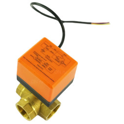 Кран шаровой BV0030NP-SP-3L-T-ED Ду25 Ру16 стандартнопроходной, L-тип, трехходовой, латунь, внутренняя резьба, уплотнение - нитриловый каучук / PTFE, с электроприводом 220В без концевых выключателей