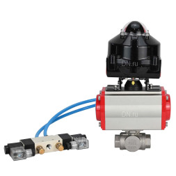 Кран шаровой BV3232P(4pc)-SP-3WL-T-ISO-H 3/8″ Ду10 Ру63 стандартнопроходной трехходовой L-тип, нержавеющая сталь SS316, внутренняя резьба, уплотнение - PTFE, с пн.приводом PA-DA-052 пн.распределителем 4V320-08 AC220V БКВ APL-510N-EX