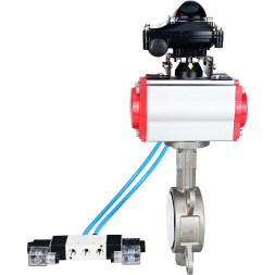 Затвор дисковый поворотный WBV3232P-2W-Fb-H Ду150 Ру16, корпус - нержавеющая сталь 316L, диск - нержавеющая сталь 316L, уплотнение - PTFE, с пневмоприводом PA-DA-130 двойного действия, с пневмораспределителем 4V320-08 AC220V, с БКВ APL-210N
