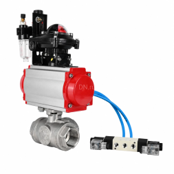 Кран шаровой BV3232P(4pc)-SP-3WL-T-ISO-H WDVF Ду65 Ру40 стандартнопроходной, 3-ходовой L-тип, внутренняя резьба, нержавеющая сталь AISI 316, PTFE, с пневмоприводом PA-DA-105, пневмораспределителем 4V320-10 AC220V, БКВ APL-210N и БПВ AFC2000