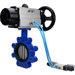 Затвор дисковый поворотный WBV1631E-2W-Fb-H Ду125 Ру16 LUG корпус - чугун QT450, диск - нержавеющая сталь 304, уплотнение - EPDM, с пневмоприводом PA-DA-105-1 и пневмораспределителем 4V320-08 AC220V