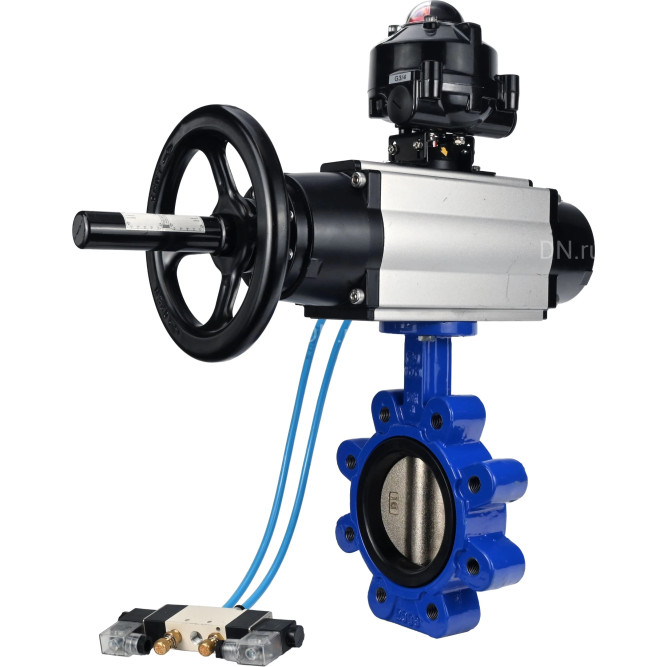 Затвор дисковый поворотный WBV1616E-2W-Fb-H Ду125 Ру16 LUG корпус - чугун QT450, диск - чугун QT450, уплотнение - EPDM, с пневмоприводом PA-DA-105-1, пневмораспределителем 4V320-10 AC220V и БКВ APL-510N EX в Барнауле