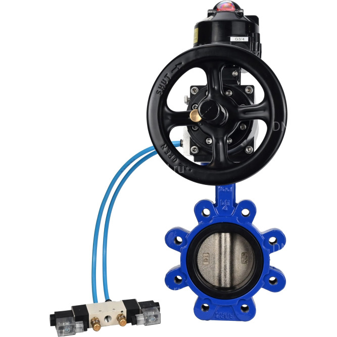 Затвор дисковый поворотный WBV1616E-2W-Fb-H Ду125 Ру16 LUG корпус - чугун QT450, диск - чугун QT450, уплотнение - EPDM, с пневмоприводом PA-DA-105-1, пневмораспределителем 4V320-10 AC220V и БКВ APL-510N EX в Барнауле