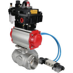 Кран шаровой BV3232P(4pc)-SP-3WL-T-ISO-H Ду20 Ру63, стандартнопроходной, четырехсоставной, нержавеющая сталь 316, PTFE, внутренняя резьба, с пневмоприводом PA-DA-052, пневмораспределителем 4V320-08 AC220V, БКВ APL-410N Ex, БПВ AFC2000