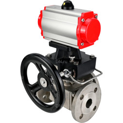 Кран шаровой BV3232P(4pc)-FP-3WL-F Ду40 Ру16 полнопроходной трехходовой, фланцевый, корпус - нержавеющая сталь SS316, с пневмоприводом PA-DA-065 двойного действия, пневмораспределителем 4M310-08 DC24V и ручным дублером MON1-250-T26-ISO
