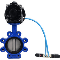Затвор дисковый поворотный WBV1631N-2W-Fb-H Ду125 Ру16 LUG корпус - чугун QT450, диск - нержавеющая сталь 304, уплотнение - NBR, с пневмоприводом PA-DA-105-1 и пневмораспределителем 4V320-08 AC220V