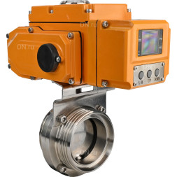 Затвор дисковый поворотный WBV3131E-2W-T-H Ду80 Ру10 резьбовой, корпус - пищевая нержавеющая сталь 304, уплотнение - EPDM, с электроприводом QT-N-005EM-A1-220VAC-У1 c датчиком обратной связи и входным управляющим сигналом 4-20мА HARK