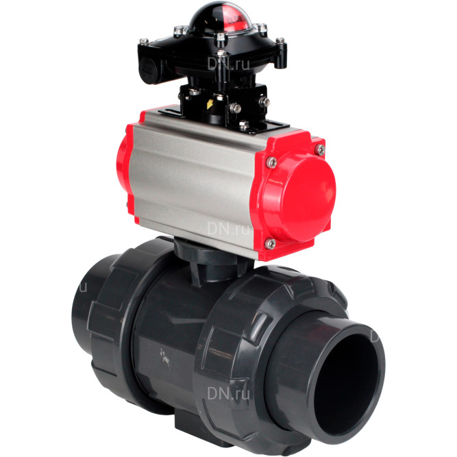 Кран шаровой BV4242E-FP-GRM-ISO Дн20 Ру10 полнопроходной, корпус - НПВХ, шар - НПВХ, уплотнение - EPDM, с пневмоприводом PA-DA-052, пневмораспределителем 4M310-08 AC220V и БКВ APL-210N в Барнауле