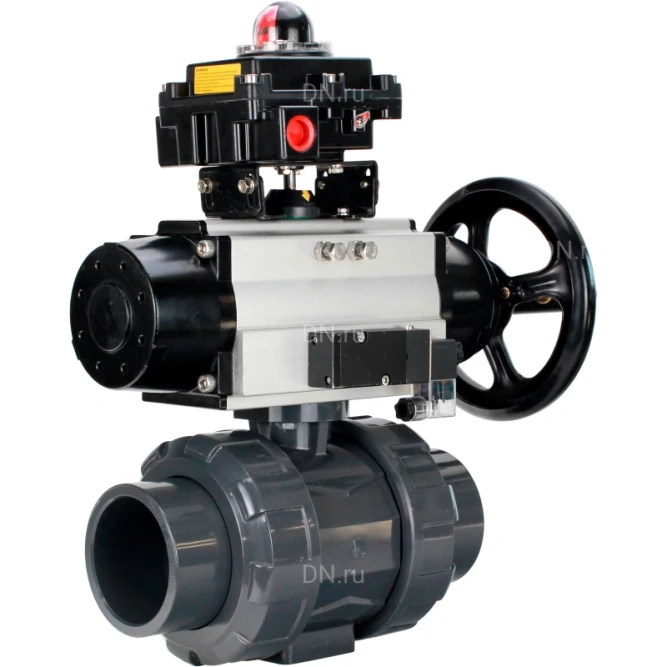 Кран шаровой BV4242E-FP-GRM-ISO Дн25 Ру10 полнопроходной, корпус - НПВХ, шар - НПВХ, уплотнение - EPDM, с пневмоприводом PA-DA-105-1, пневмораспределителем 4M310-08 DC24V и БКВ APL-410N EX в Барнауле