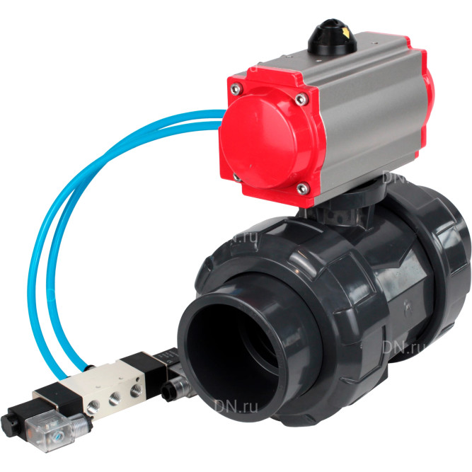 Кран шаровой BV4242E-FP-GRM-ISO Дн32 Ру10 полнопроходной, корпус - НПВХ, шар - НПВХ, уплотнение - EPDM, с пневмоприводом PA-DA-052 и пневмораспределителем 4V320-10 AC220V в Барнауле