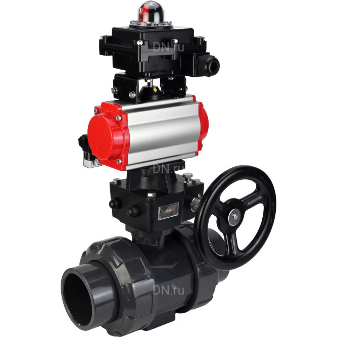 Кран шаровой BV4242E-FP-GRM-ISO Дн80 Ру10 полнопроходной, корпус - НПВХ, шар - НПВХ, уплотнение - EPDM, с пневмоприводом PA-DA-065, пневмораспределителем 4M310-08 DC24V, ручным дублером MON1-250-T26-ISO и БКВ APL-410N EX в Барнауле