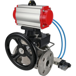 Кран шаровой BV3232P(4pc)-FP-3WL-F Ду40 Ру16 полнопроходной трехходовой, фланцевый, корпус - нержавеющая сталь SS316, с пневмоприводом PA-DA-065 двойного действия, пневмораспределителем 4V320-10 AC220V и ручным дублером MON1-250-T26-ISO