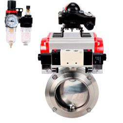 Затвор дисковый поворотный WBV3131S-2W-W-H Ду25 Ру10 под приварку, пищевая нержавеющая сталь 304, уплотнение – Silicon, с пневмоприводом PA-DA-052, пневмораспределителем 4V320-08 AC220V, БКВ APL-210N и БПВ AFC2000