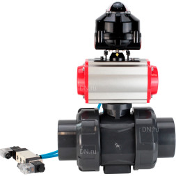 Кран шаровой BV4242E-FP-GRM-ISO Дн80 Ру10 полнопроходной, корпус - НПВХ, шар - НПВХ, уплотнение - EPDM, с пневмоприводом PA-SA-065, пневмораспределителем 4V320-08 AC220V и БКВ APL-510N EX