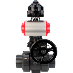 Кран шаровой BV4242E-FP-GRM-ISO Дн15 Ру10 полнопроходной, корпус - НПВХ, шар - НПВХ, уплотнение - EPDM, с пневмоприводом PA-DA-052, пневмораспределителем 4M310-08 AC220V, ручным дублером MON1-250-T26-ISO и БКВ APL-510N EX