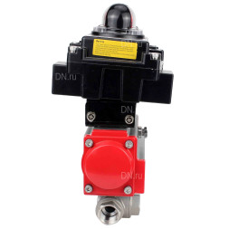 Кран шаровой BV3232P(4pc)-SP-3WL-T-ISO-H Ду20 Ру63 стандартнопроходной трехходовой L-тип, нержавеющая сталь SS316, внутренняя резьба, уплотнение - PTFE, с пневмоприводом PA-DA-52 и блоком концевых выключателей APL-410N EX