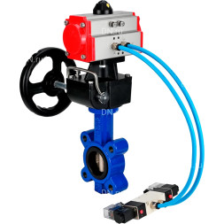 Затвор дисковый поворотный WBV1616E-2W-Fb-H Ду100 Ру16 LUG, корпус - чугун QT450, диск - чугун QT450, уплотнение - EPDM, с пневмоприводом PA-DA-083, пневмораспределителем 4M320-08 AC220V и ручным дублером MON2-450-T28-ISO