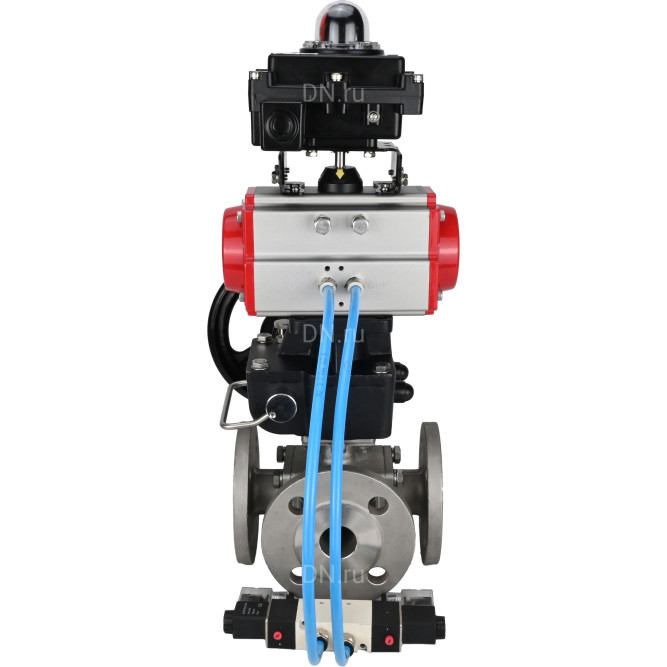 Кран шаровой BV3232P(4pc)-FP-3WL-F Ду65 Ру16 полнопроходной трехходовой, фланцевый, корпус - нержавеющая сталь SS316, с пневмоприводом PA-DA-083, пневмораспределителем 4V320-08 AC220V, БКВ APL-410N EX и ручным дублером MON2-450-T28-ISO в Барнауле