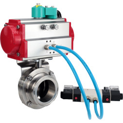 Затвор дисковый поворотный кламповый WBV3131E-2W-C-H Ду25 Ру10 корпус - пищевая нержавеющая сталь 304, уплотнение - EPDM, с пневмоприводом PA-SA-065, пневмораспределителем 4M320-10 AC220V, магнитным переключателем ALS200D