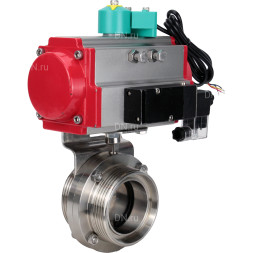 Затвор дисковый поворотный WBV3131S-2W-T-H Ду20 Ру10 резьбовой, пищевая нержавеющая сталь 304, уплотнение - Silicon, с пневмоприводом PA-DA-052, пневмораспределителем 4M310-08 AC220V и магнитным переключателем ALS200D