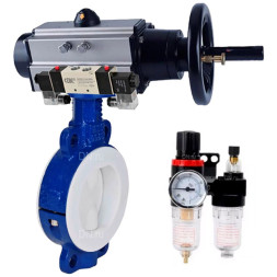 Затвор дисковый поворотный WBV3434Pf-2W-Fb-R Ду200 Ру16 корпус - углеродистая сталь WCB, диск - углеродистая сталь WCB, футерованный PTFE, уплотнение - PTFE, с пневмоприводом PA-DA-105-1, с пневмораспределителем 4V320-08 AC220V, БПВ AFC2000