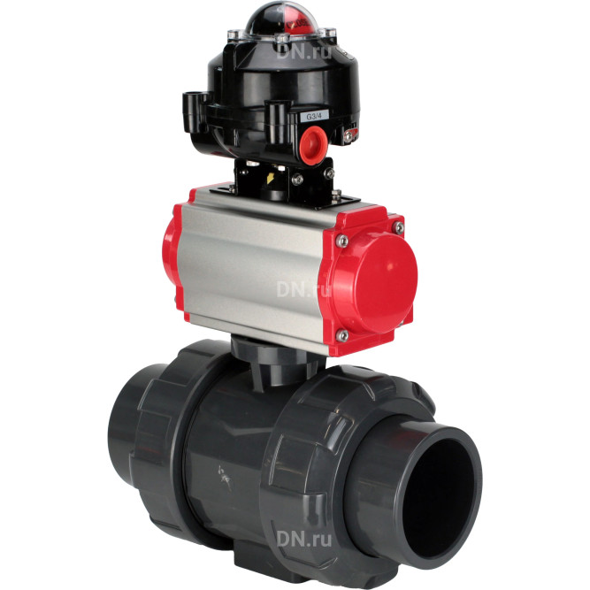 Кран шаровой BV4242E-FP-GRM-ISO Дн20 Ру10 полнопроходной, корпус - НПВХ, шар - НПВХ, уплотнение - EPDM, с пневмоприводом PA-SA-052 и БКВ APL-510N EX в Барнауле