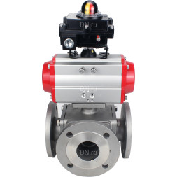 Кран шаровой BV3232P(4pc)-FP-3WL-F Ду65 Ру16 полнопроходной трехходовой, фланцевый, корпус - нержавеющая сталь SS316, с пневмоприводом PA-DA-083 двойного действия и БКВ APL-410N EX
