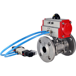 Кран шаровой BV3131P(3pc)-FP-F-ISO-H Ду65 Ру25, трехсоставной полнопроходной фланцевый, нержавеющая сталь SS304, уплотнение - PTFE, с пневмоприводом PA-SA-130 с возвратными пружинами, с пневмораспределителем 4V320-08 AC220V