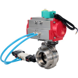 Затвор дисковый поворотный WBV3131E-2W-T-H Ду80 Ру10 резьбовой, корпус - пищевая нержавеющая сталь 304, уплотнение - EPDM, с пневмоприводом PA-DA-052, пневмораспределителем 4M320-08 AC220V, магнитным переключателем ALS200D